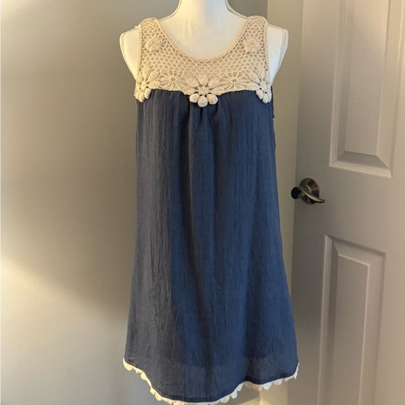 Hayden Los Angeles midi dress. Blue w/crochet top & bottom. A Line Size Medium - Picture 1 of 11